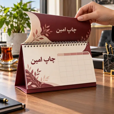 تقویم رومیزی پایه‌دار · مشخصات نمونه · ۲۰ × ۱۴٫۵ سانتی‌متر · پایه معمولی · دورو
