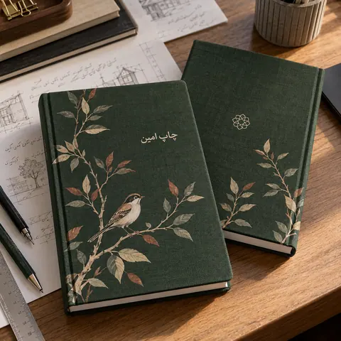 دفتر با جلد پارچه‌ای · مشخصات نمونه · رقعی — ۱۴ × ۲۱ · جلد سخت پارچه‌ای · چاپ رو و پشت جلد