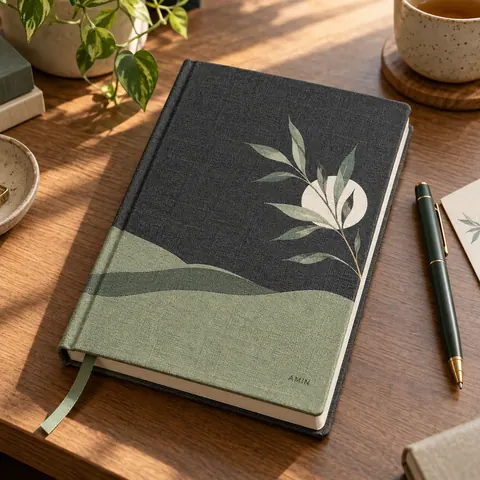 دفتر با جلد پارچه‌ای · مشخصات نمونه · رقعی — ۱۴ × ۲۱ · جلد سخت پارچه‌ای · چاپ روی جلد
