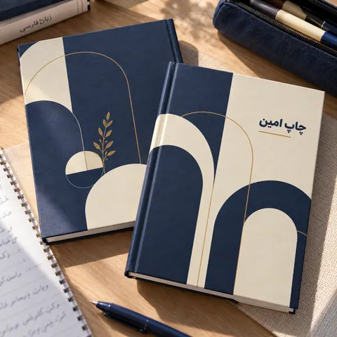 دفتر با جلد کاغذی · مشخصات نمونه · رقعی — ۱۴ × ۲۱ · جلد سخت کاغذی · چاپ رو و پشت جلد