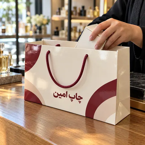 چاپ ساک دستی ایندربرد ۲۳۰ گرم با روکش سلفون مات یا براق · 26×16.5 عطف 6.5