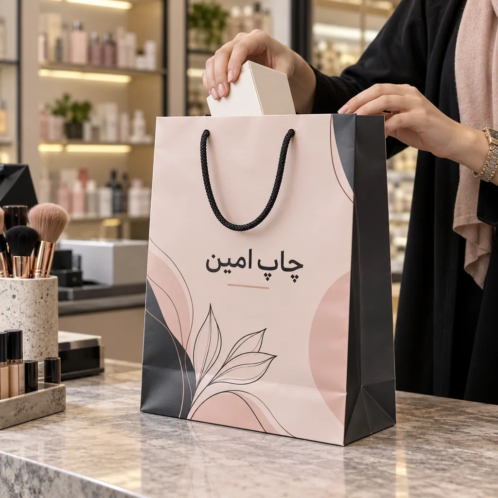 چاپ ساک دستی گلاسه ۱۷۰ گرم با روکش سلفون مات یا براق · 24×34 عطف 11