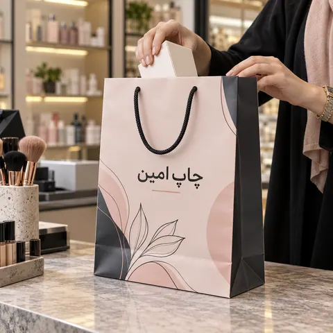 چاپ ساک دستی گلاسه ۱۷۰ گرم با روکش سلفون مات یا براق · 24×34 عطف 11
