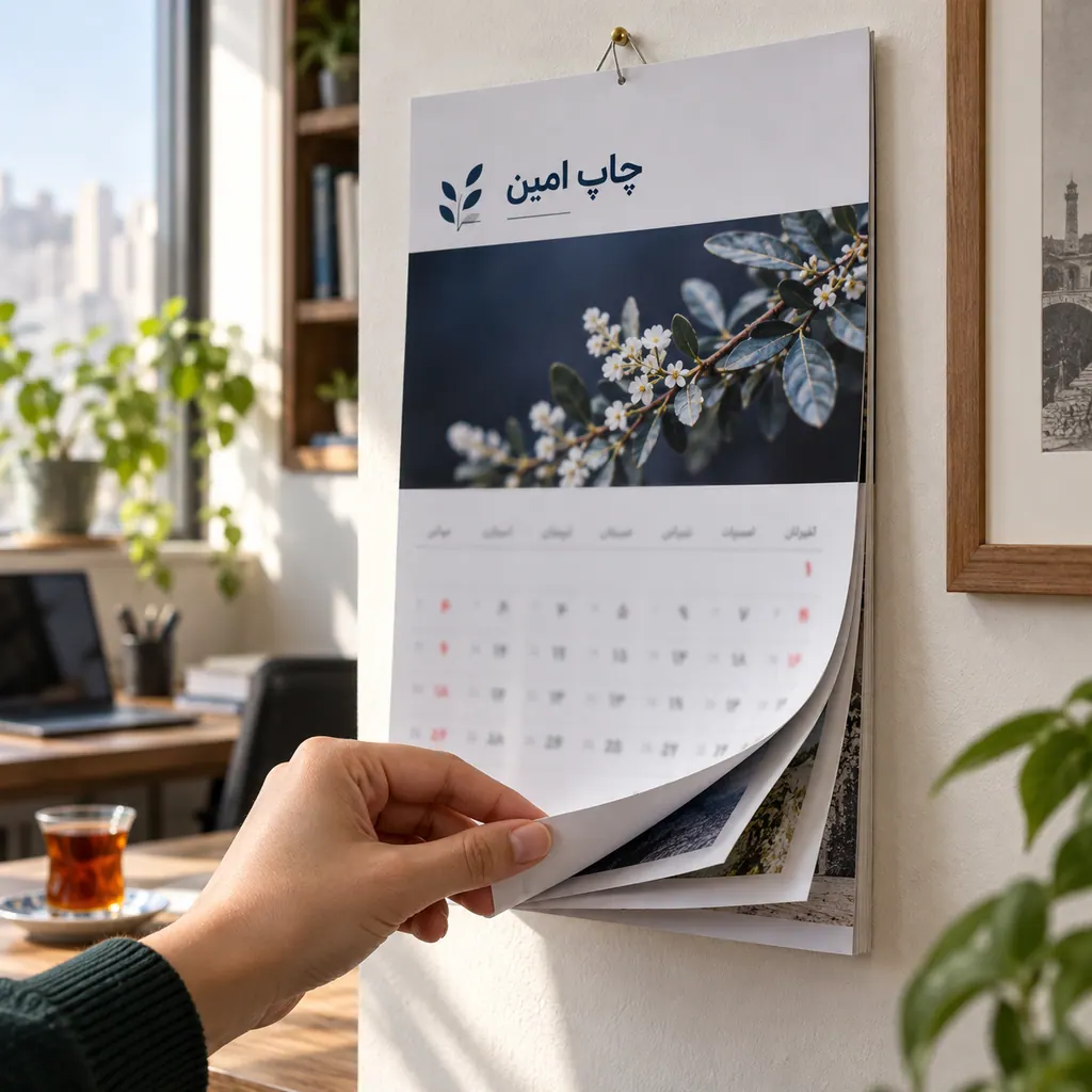 تقویم دیواری چهاربرگ · 200 × 290 میلی‌متر — قطع پیشنهادی اولیه · یک‌رو