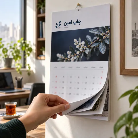 تقویم دیواری چهاربرگ · 200 × 290 میلی‌متر — قطع پیشنهادی اولیه · یک‌رو