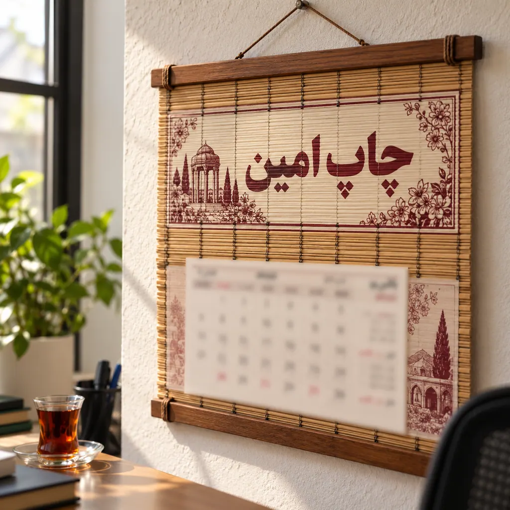 تقویم دیواری حصیری · 300 × 125 میلی‌متر — محدودهٔ تبلیغ · یک‌رو