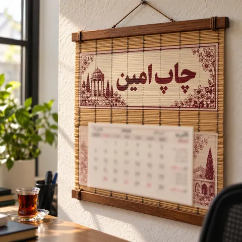 تقویم دیواری حصیری · 300 × 125 میلی‌متر — محدودهٔ تبلیغ · یک‌رو