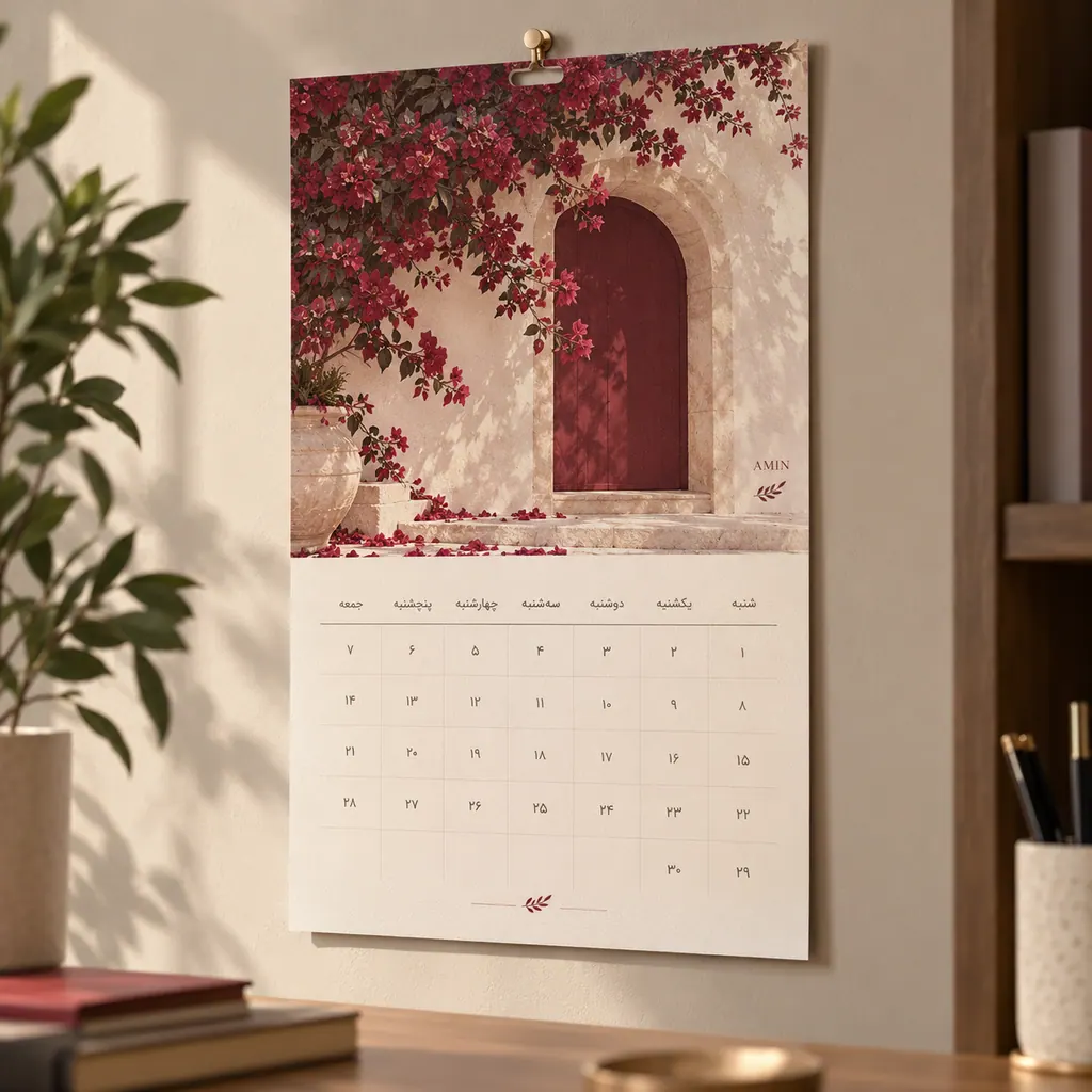 تقویم دیواری تک‌برگ · 200 × 290 میلی‌متر — قطع پیشنهادی اولیه · یک‌رو